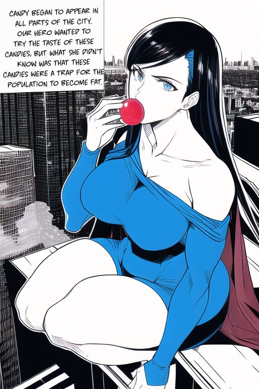 Expanding Heroine:Confronting the Virus Villain, Page 1 to 12,   ,, Weight gain anime girl, bbw, ssbbw, stuffing belly, SuperHero who gain a lot of weights because of a food addiction. page 1 full