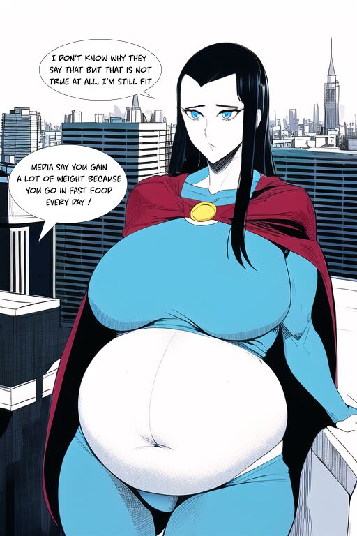Expanding Heroine:Confronting the Virus Villain, Page 1 to 12,   ,, Weight gain anime girl, bbw, ssbbw, stuffing belly, SuperHero who gain a lot of weights because of a food addiction. page 10 full