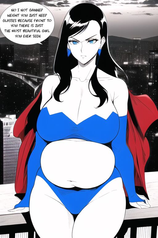 Expanding Heroine:Confronting the Virus Villain, Page 1 to 12,   ,, Weight gain anime girl, bbw, ssbbw, stuffing belly, SuperHero who gain a lot of weights because of a food addiction. page 6 full