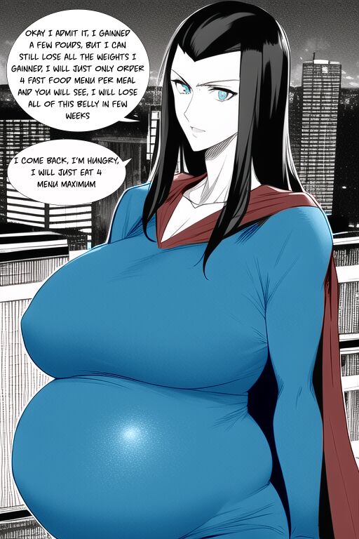 Expanding Heroine:Confronting the Virus Villain, Page 1 to 12,   ,, Weight gain anime girl, bbw, ssbbw, stuffing belly, SuperHero who gain a lot of weights because of a food addiction. page 8 full