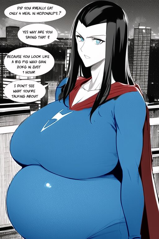Expanding Heroine:Confronting the Virus Villain, Page 1 to 12,   ,, Weight gain anime girl, bbw, ssbbw, stuffing belly, SuperHero who gain a lot of weights because of a food addiction. page 9 full